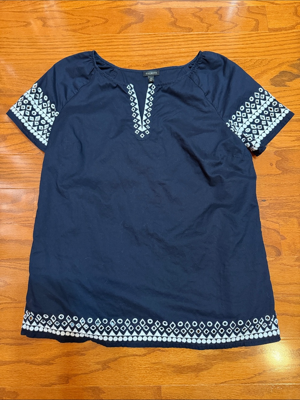 Talbots Navy lined Top with White Geometric Embroidery